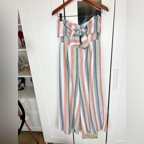American Eagle Wide Leg Strapless Striped Linen Jumpsuit Size Medium - Picture 3 of 8
